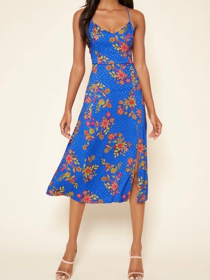 Cobalt Floral Satin Midi Dress