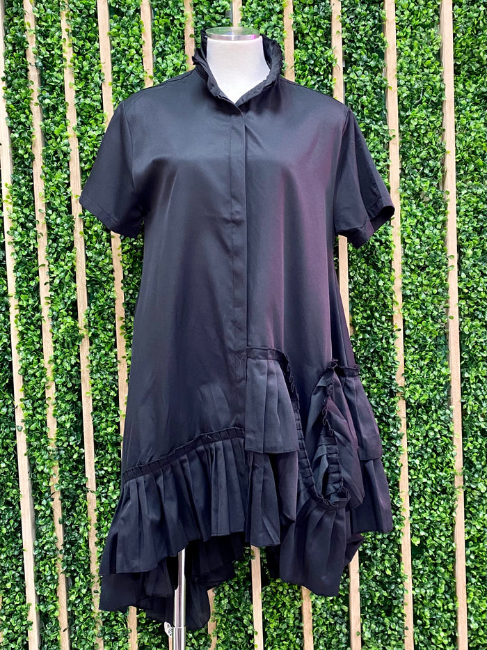 Frilled High Neck Uneven Hem Short Dress