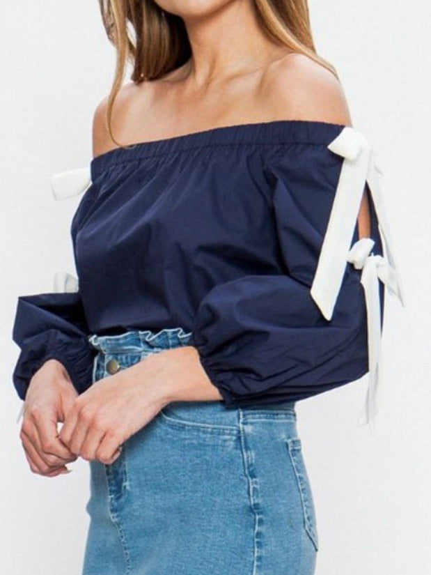 Navy Bow Detail Off Shoulder Top