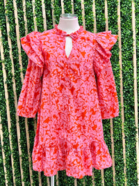 Orange Pink Dropwaist Ruffled Short Dress