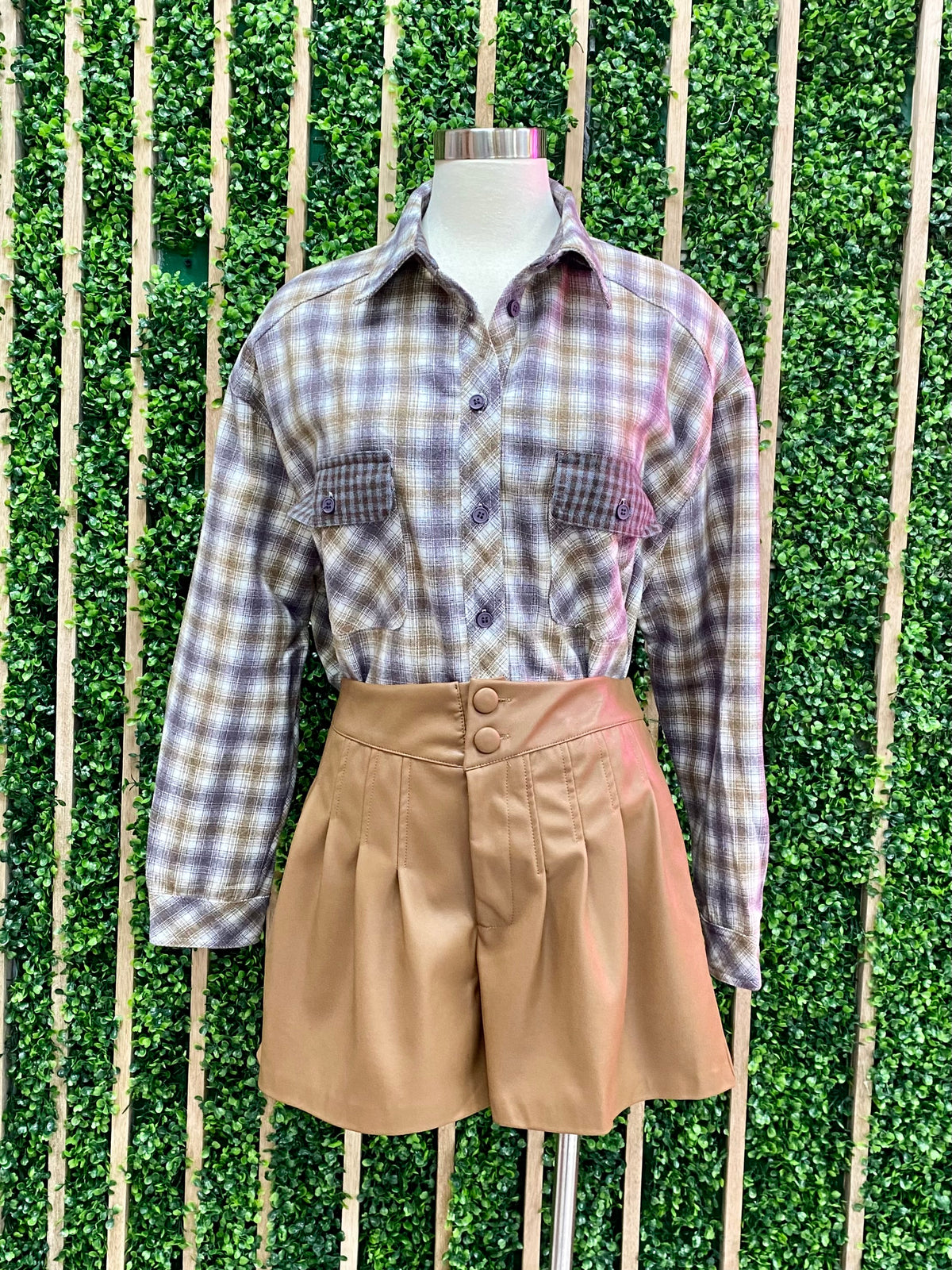 Multi Plaid Contrast Flap Button Down Blouse