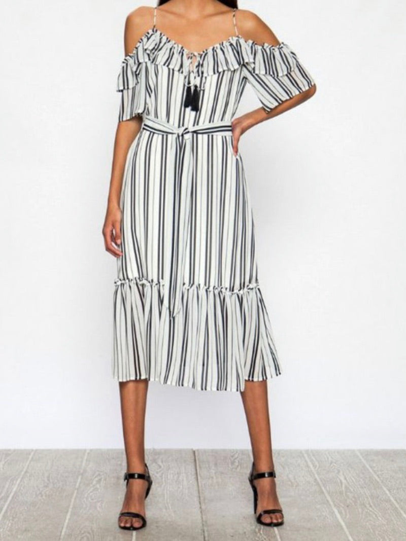 Striped Cold Shoulder Midi Dress