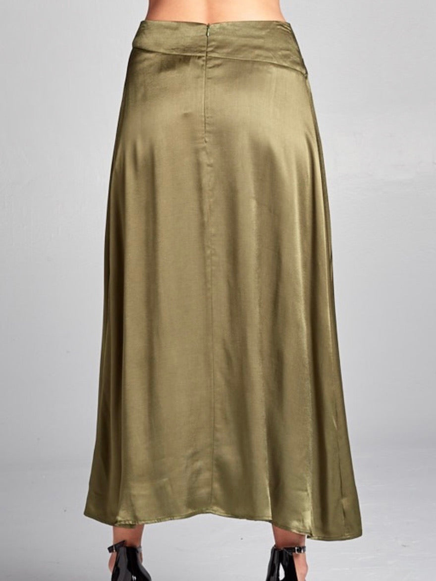 Olive Satin Asymmetric Skirt
