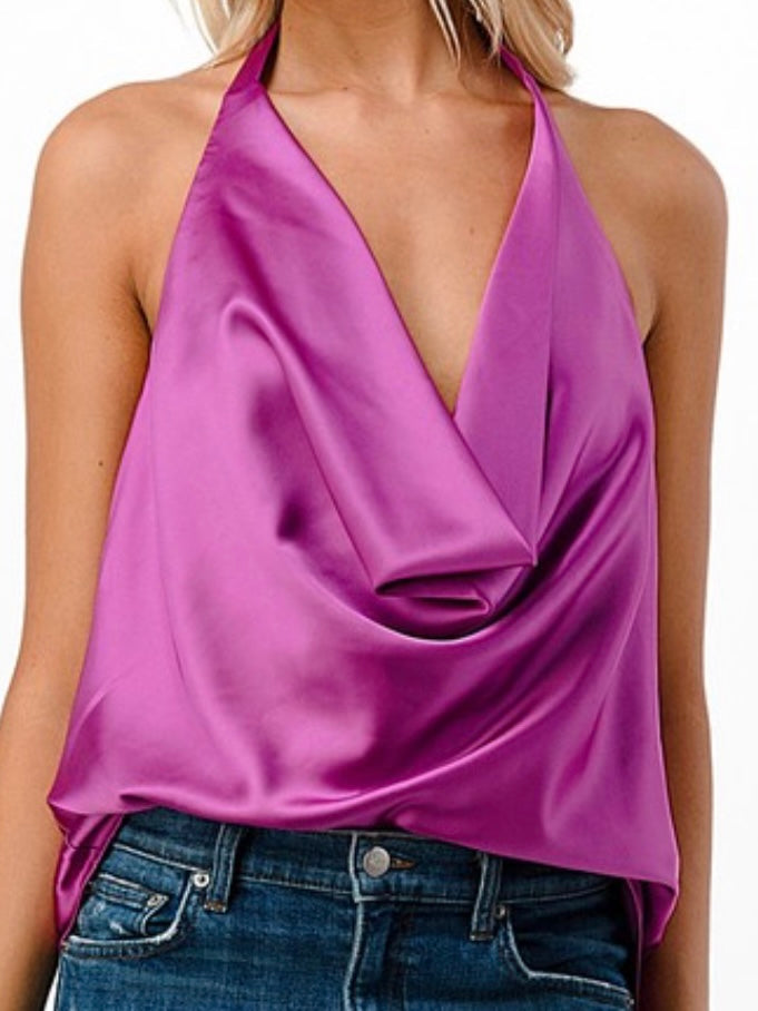 Satin Cowl Neck Halter Top