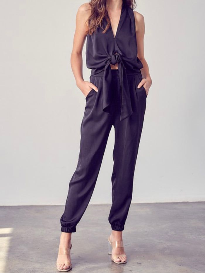 Black Tie Front Sleeveless Jumpsuit
