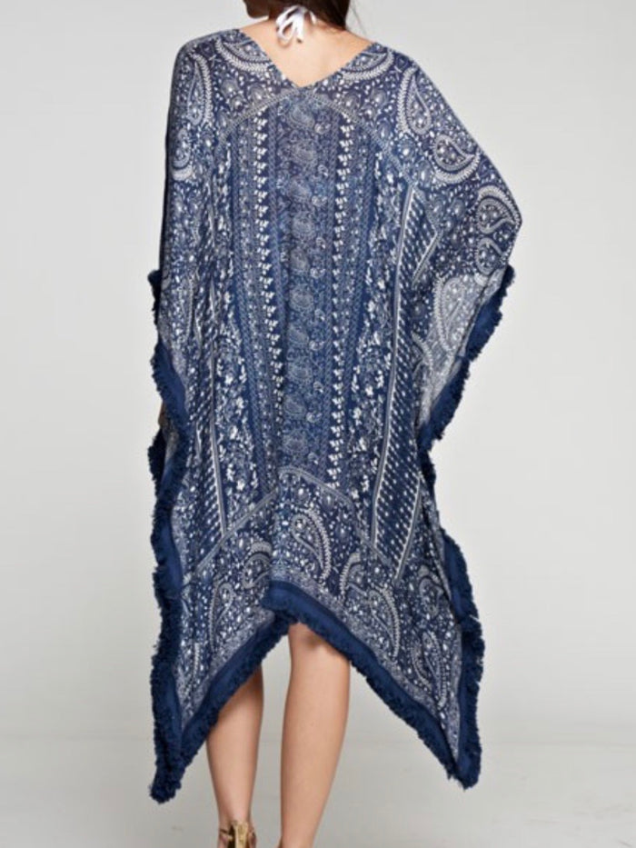 Navy Fringe Trim Kaftan