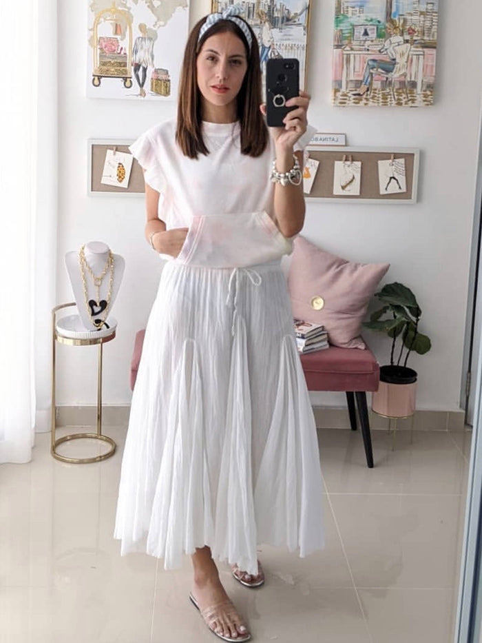 White Cotton A Line Midi Skirt