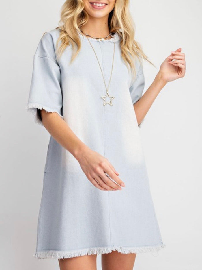 Light Denim Frayed Short Dress