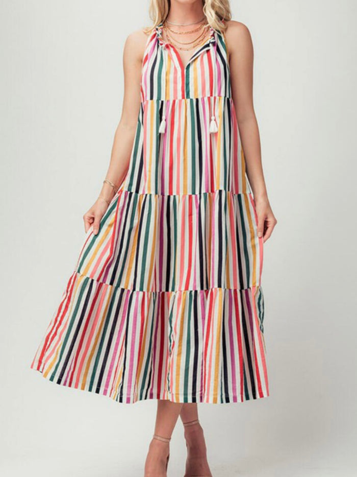 Bright Multi Stripe Tired Midi Dress