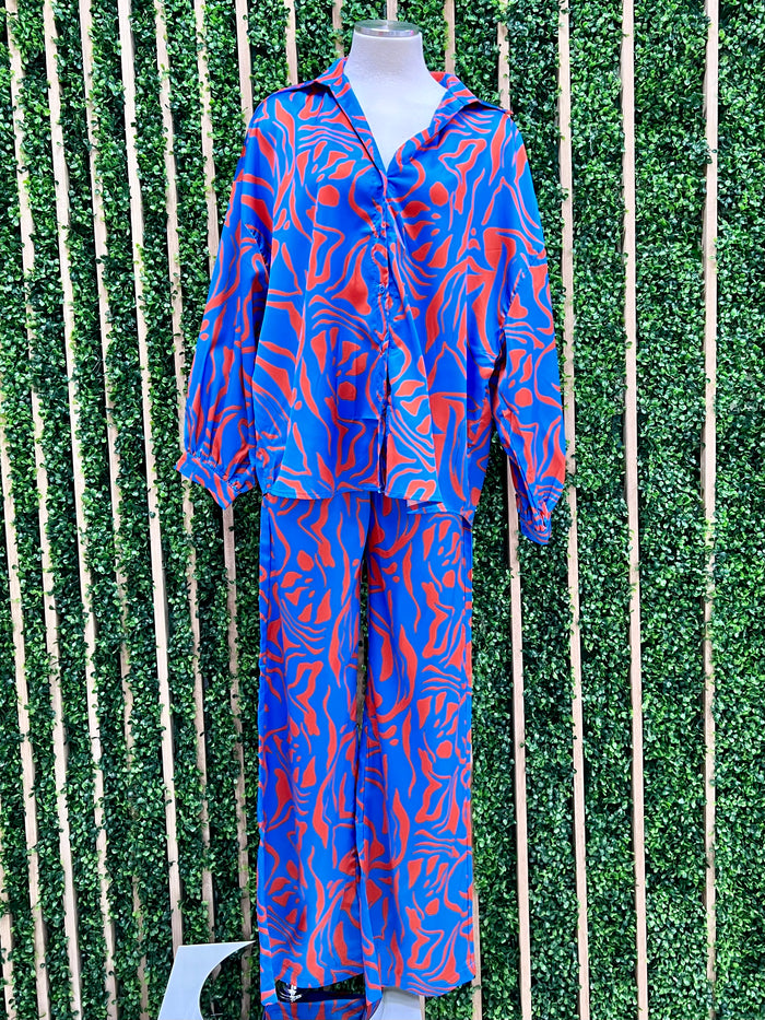 Red Blue Print Blouse