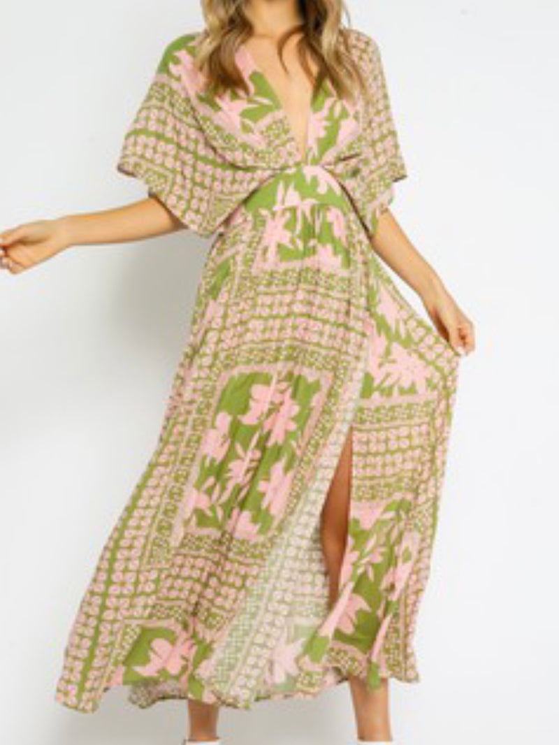 Olive Pink Boho Midi Dress