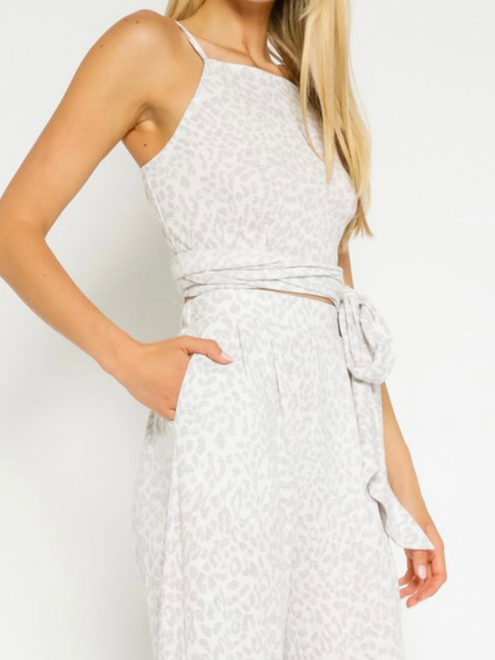 Grey Animal Print Midi Crop Pant Set