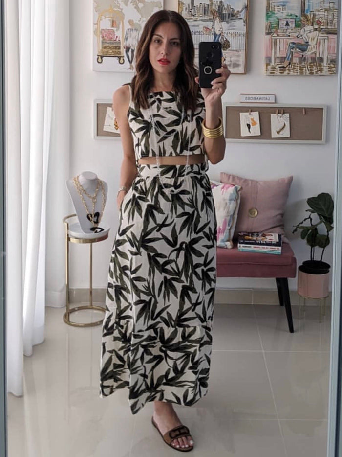 Natural Olive Leaves Midi Skirt
