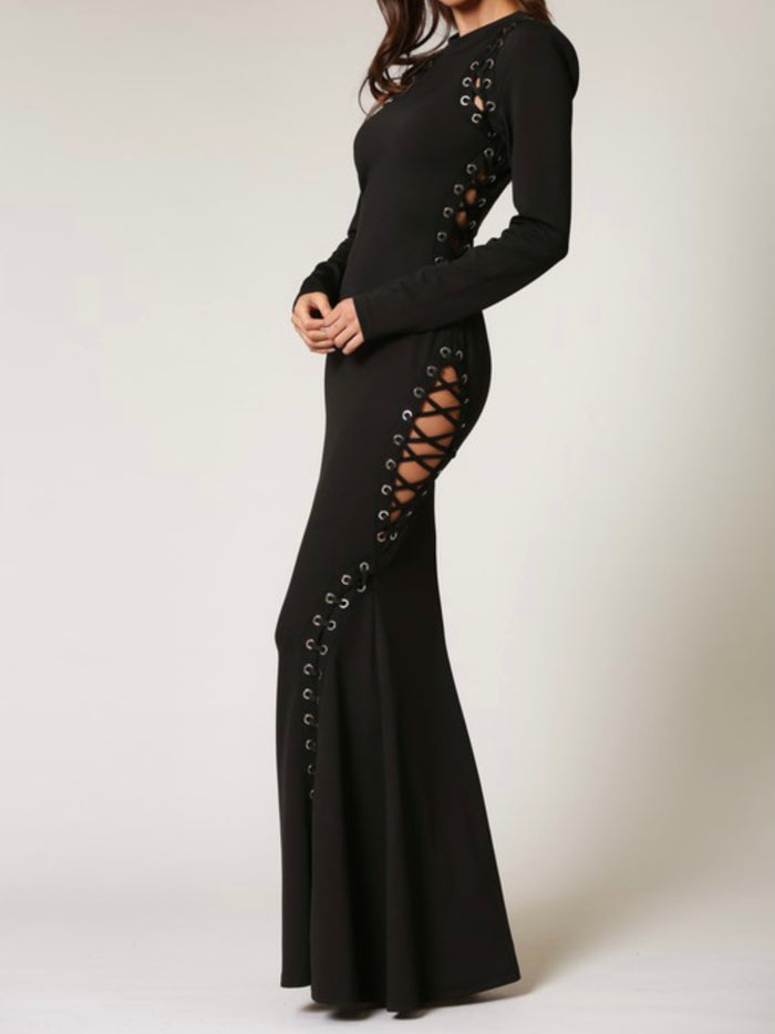 Show Stopper Black Lace Up Mermaid Maxi