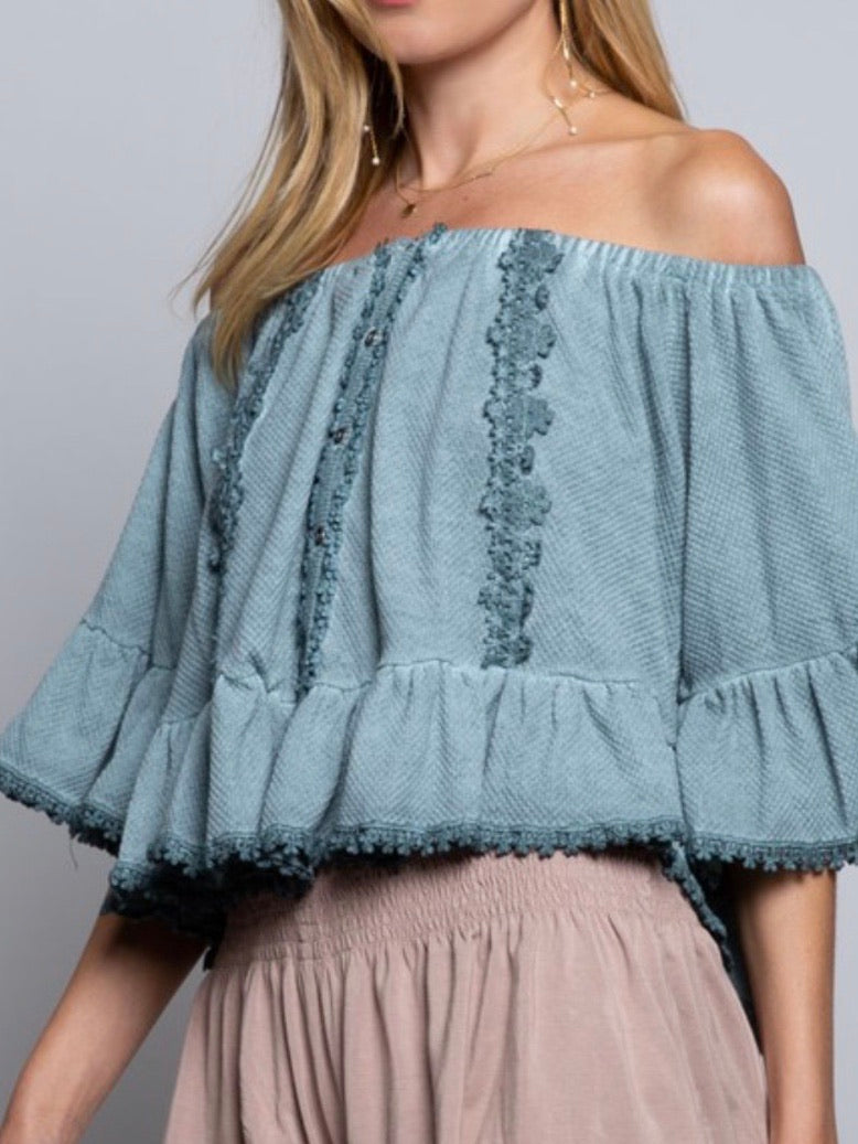 Blue Sage Flared Off Shoulder Top