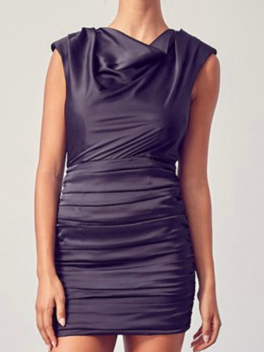 Black Cowl Neck Ruched Dress