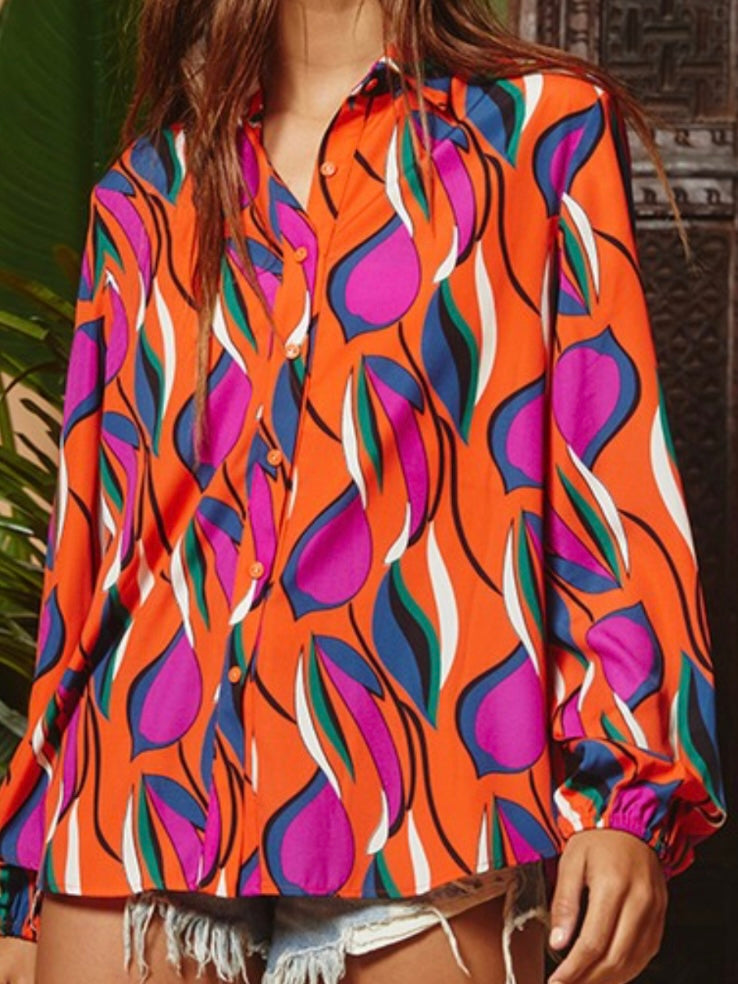 Orange Fuchsia Geo Print Blouse