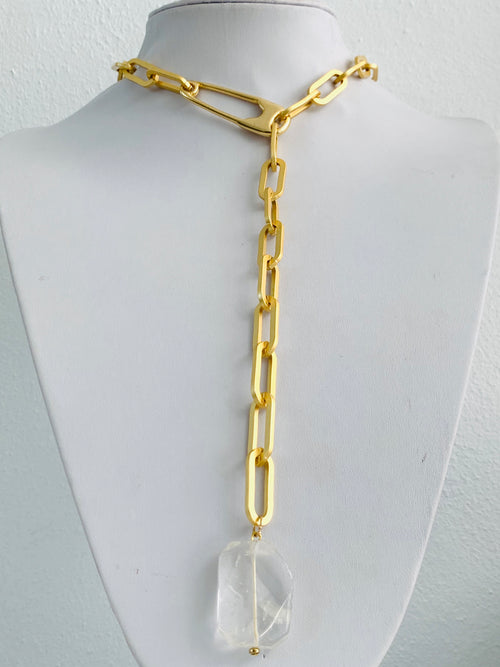 Gold Acrylic Stone Pin Lariat Necklace
