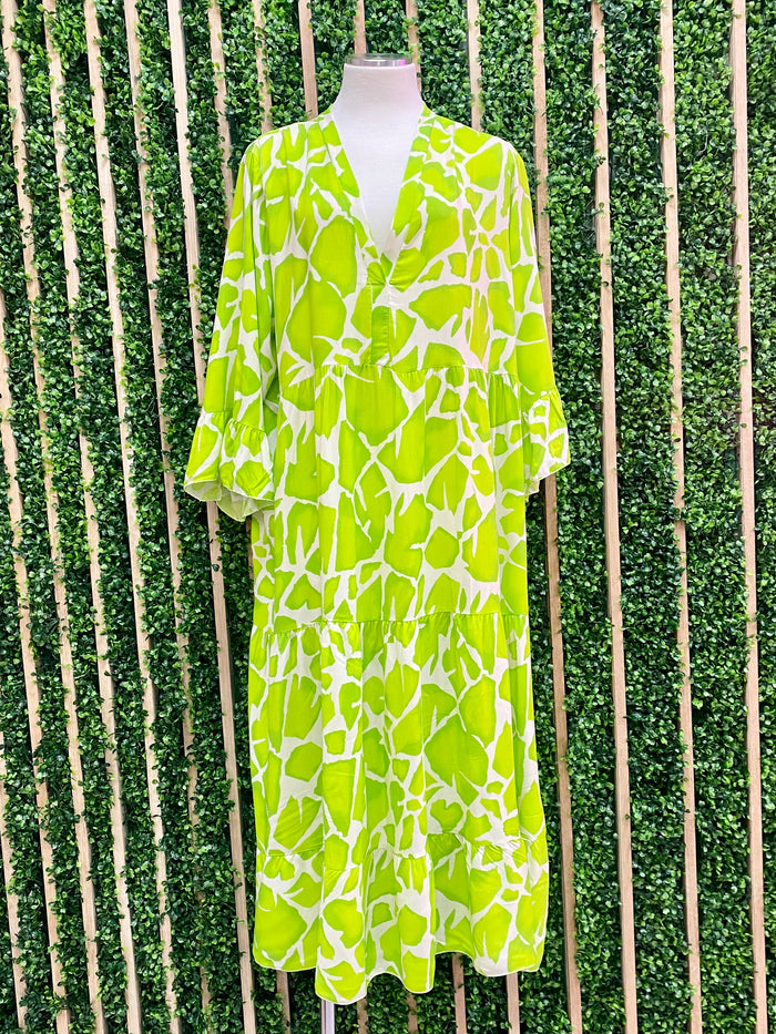 Neon Green Print Midi Dress