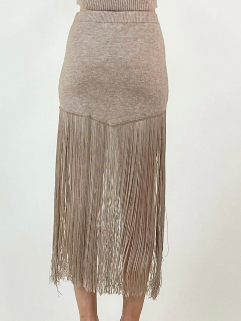 Beige Fringe Detail Knit Skirt