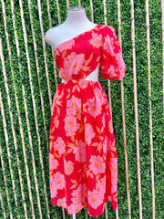 Exquisite Red Pink Cutout One Shoulder Midi Dress