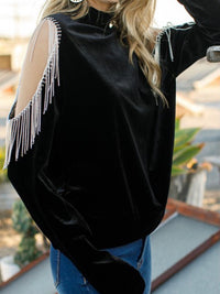 Rhinestone Cold Shoulder Velvet Sweater