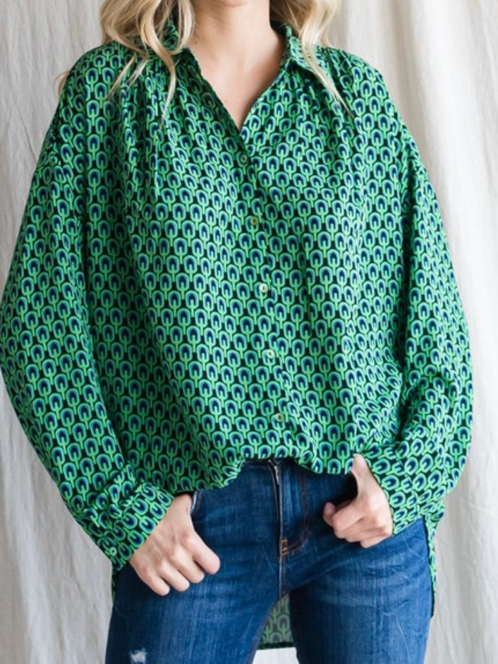 Geo Green Print Button Down Blouse