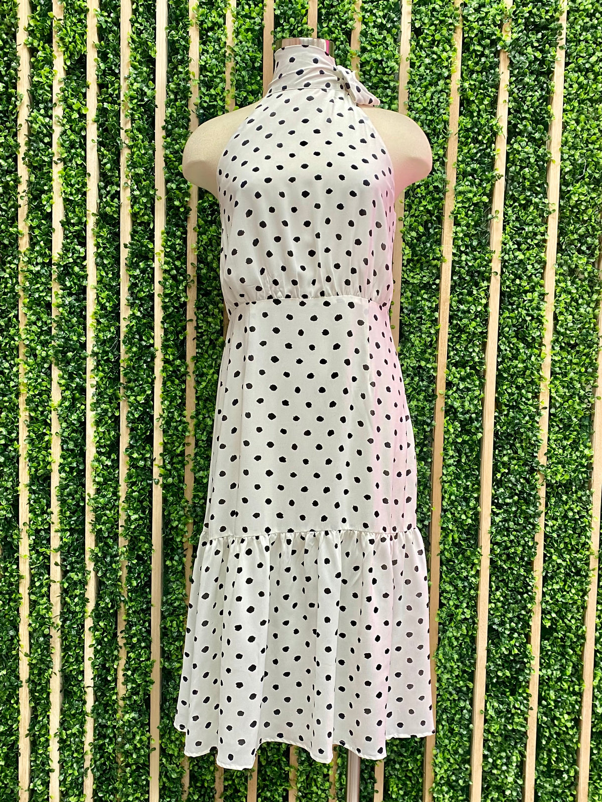 White Polka Dot Neck Tie Midi Dress