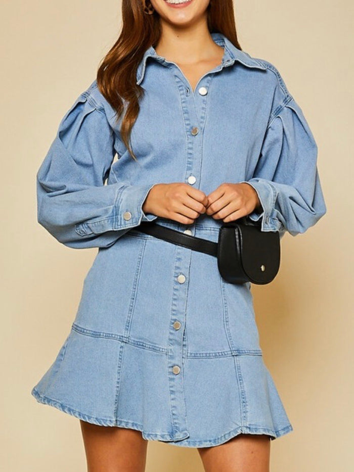 Ballon Sleeve Tiered Denim Mini Dress