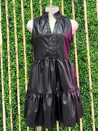 Black Sleeveless Tiered Pleather Dress