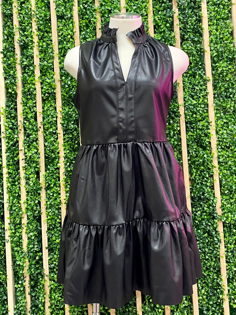 Black Sleeveless Tiered Pleather Dress