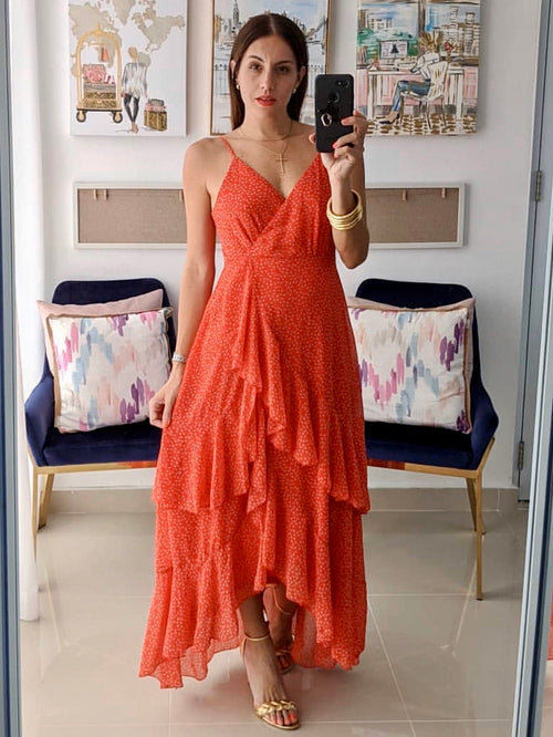 Red Print Tiered Maxi Dress