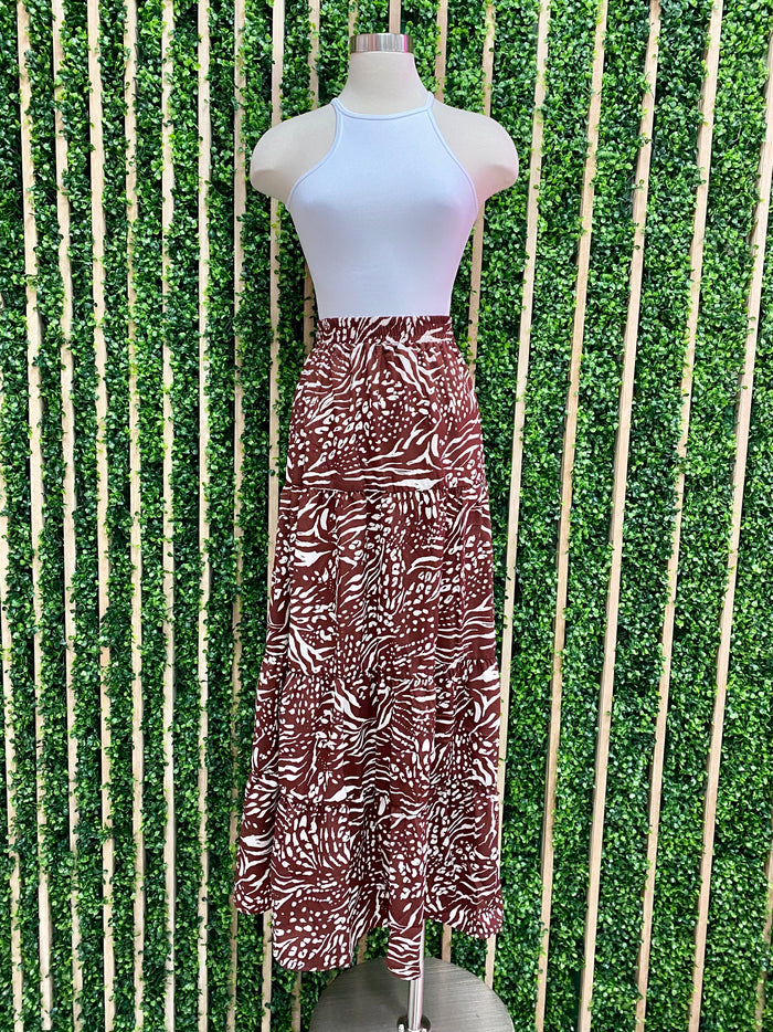 Brown Plum Abstract Print Maxi Skirt