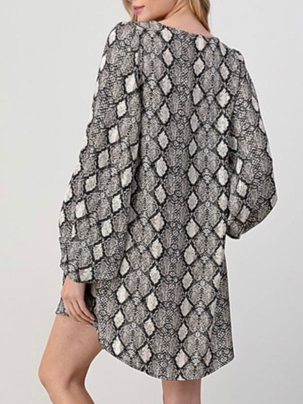 Snakeprint Balloon Sleeve Tunic Dress