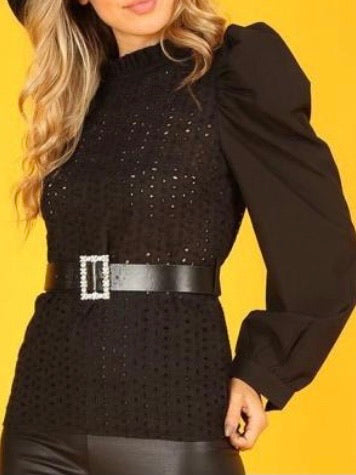 Black Long Sleeve Eyelet Blouse