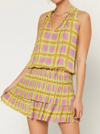 Yellow Plaid Sleeveles Ruched Short Dress