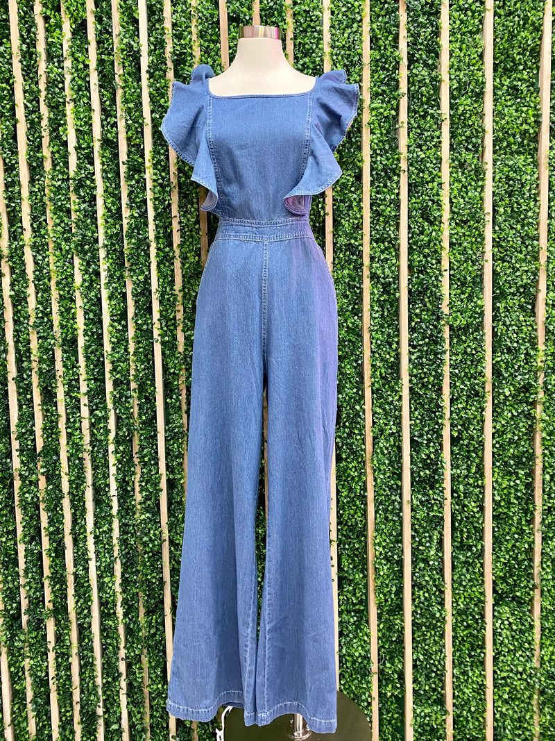 Denim Ruffle Detail Jumpsuit