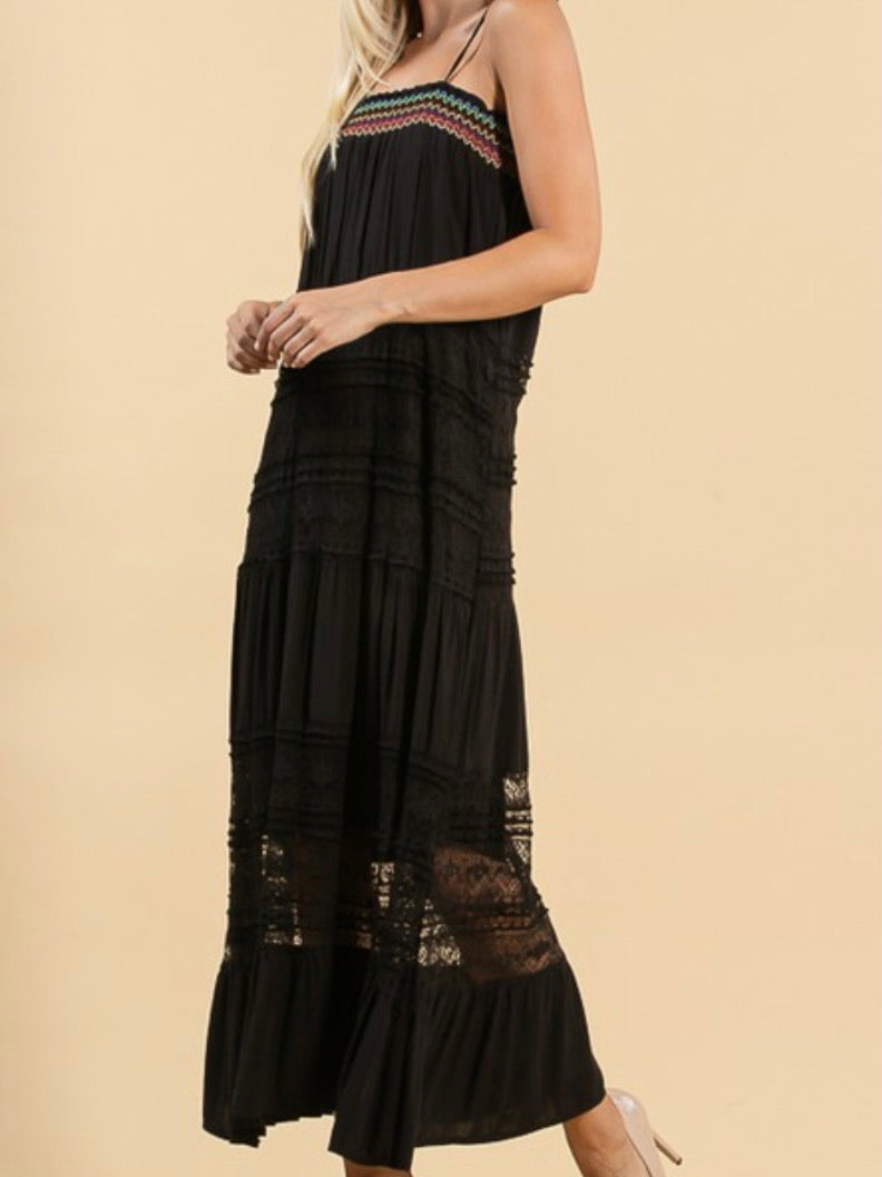Black Contrast Lace Boho Dress