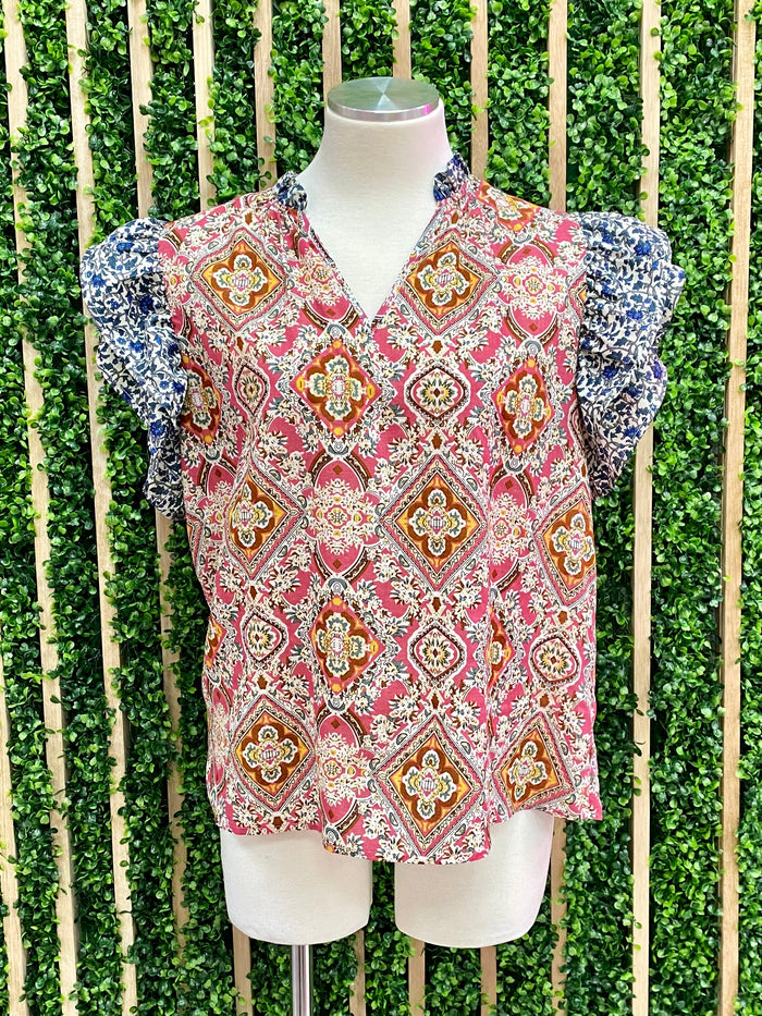 Navy Magenta Flutter Sleeve Top