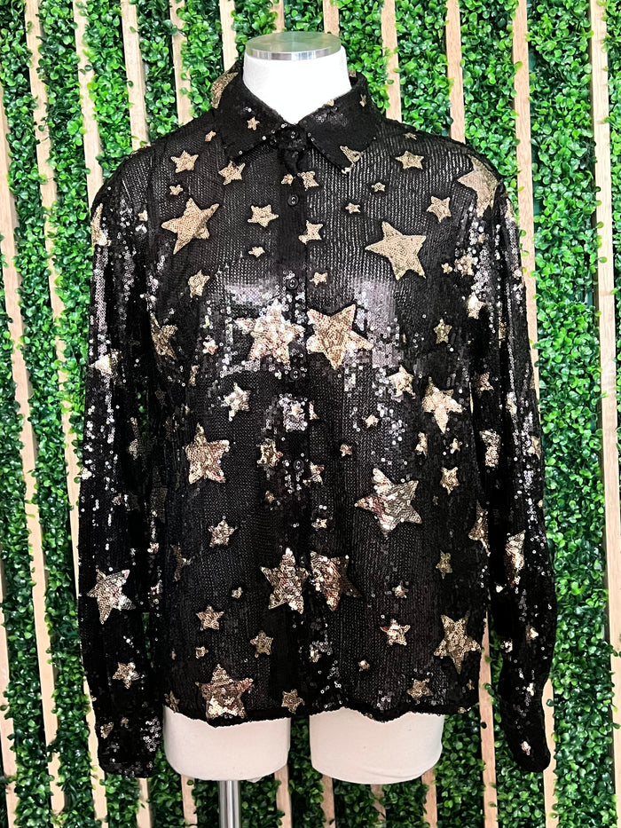 Sequins Gold Star Button Down Top