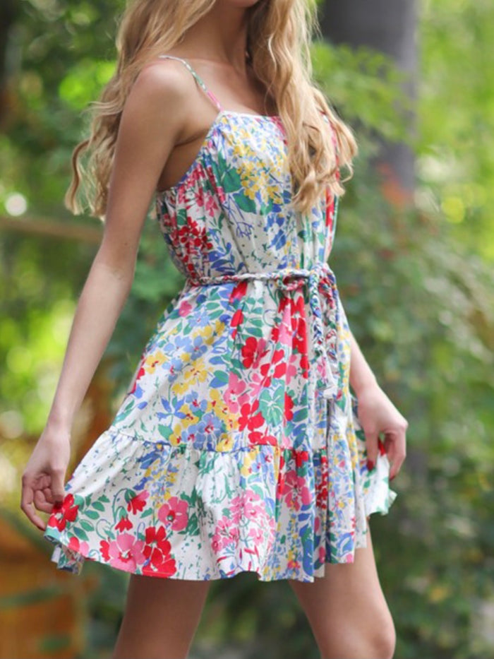 Multi Floral Strappy Tiered Short Dress