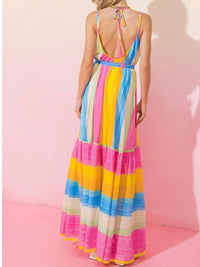 Pink Blue Stripe Block Maxi Dress