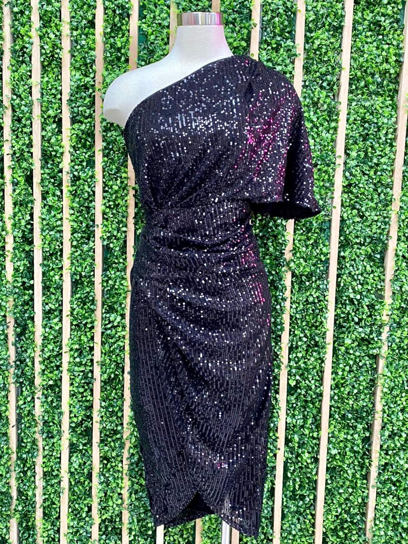 Sequin One Shoulder Midi Dress