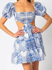 Blue Balloon Sleeve Cutout Short Dress