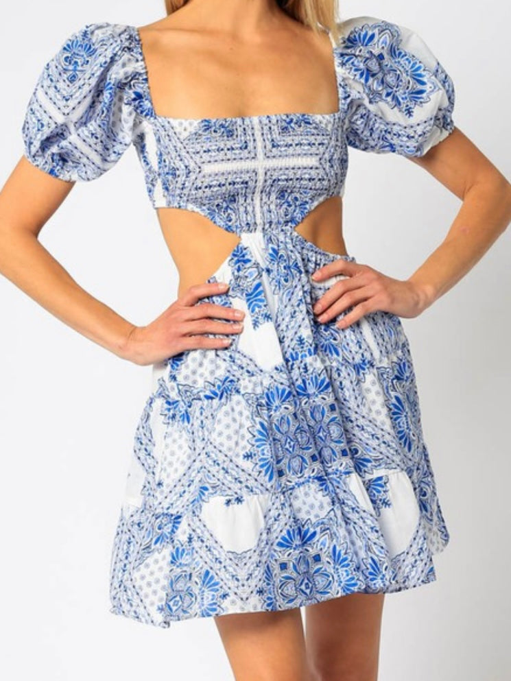 Blue Balloon Sleeve Cutout Short Dress