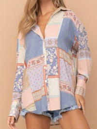 Denim Mauve Patchwork Button Down Blouse