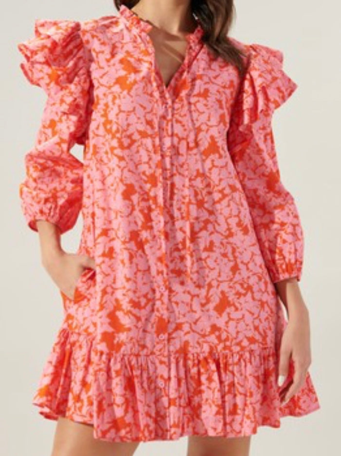 Orange Pink Dropwaist Ruffled Short Dress