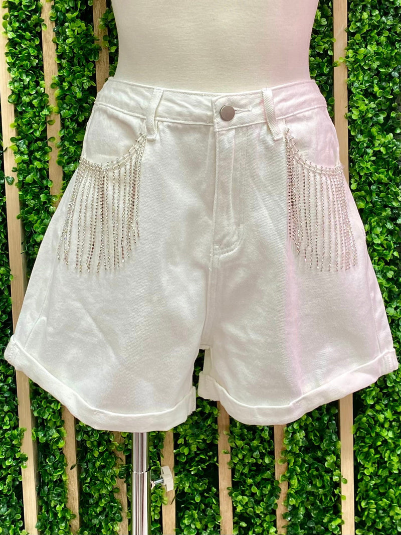 Rhinestone Fringe Short Denim