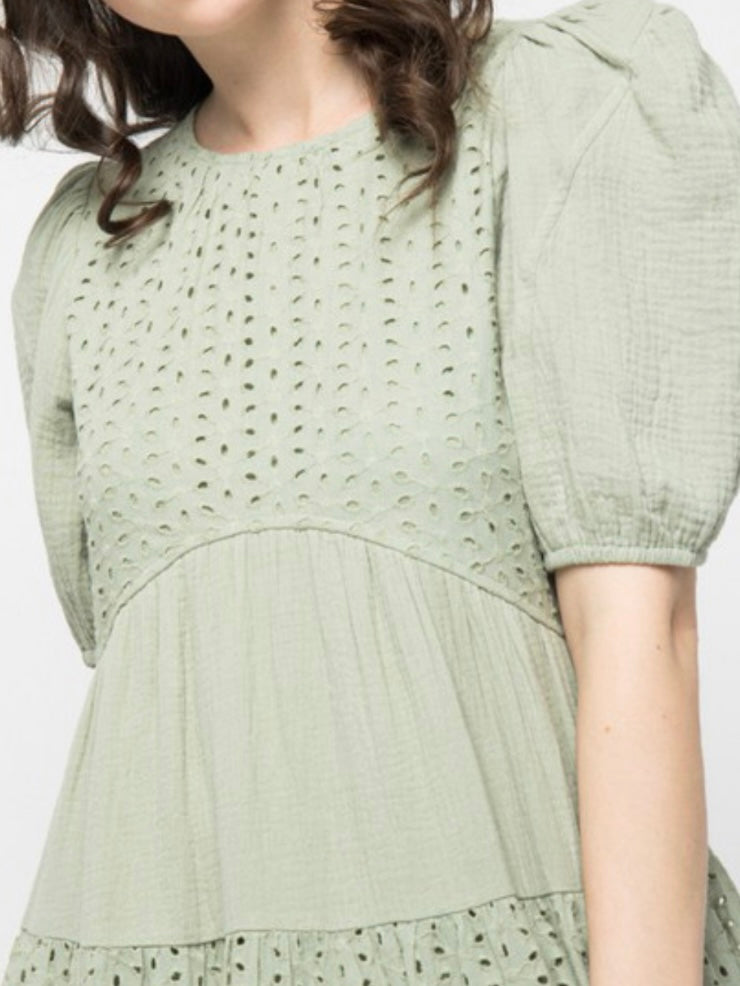 Sage Eyelet Balloon Sleeve Dress