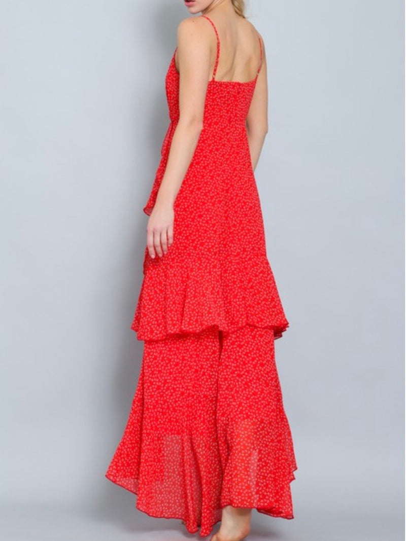 Red Print Tiered Maxi Dress